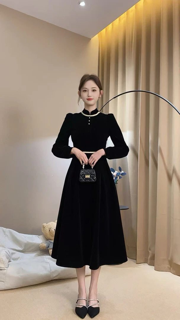 【6-8运补】冬款新款定制旗袍领金织带气质优雅显瘦连衣裙RS2548