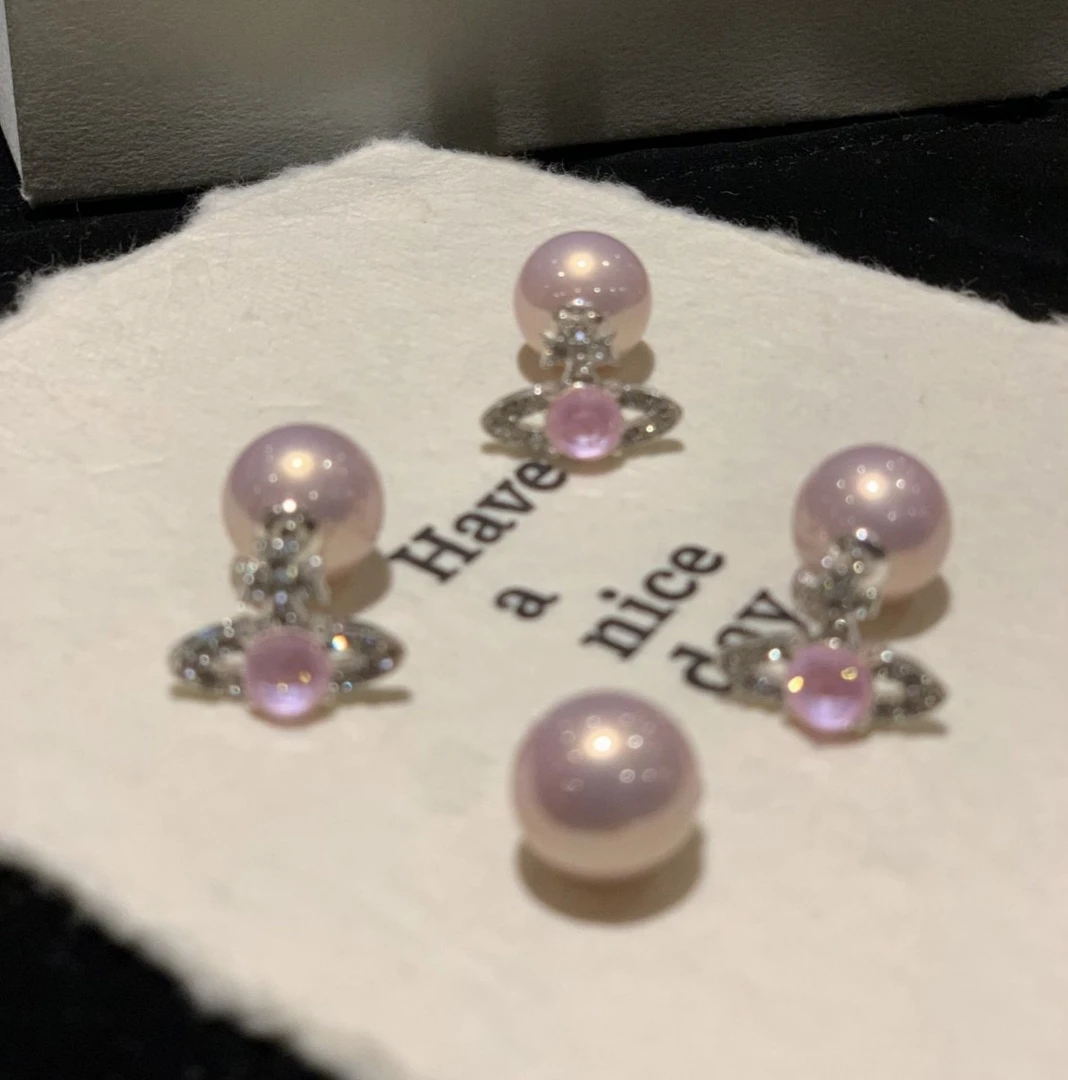 铜合金仿珍珠耳饰 西太后星球冰晶粉 小众气质高级感粉色贝珠耳饰