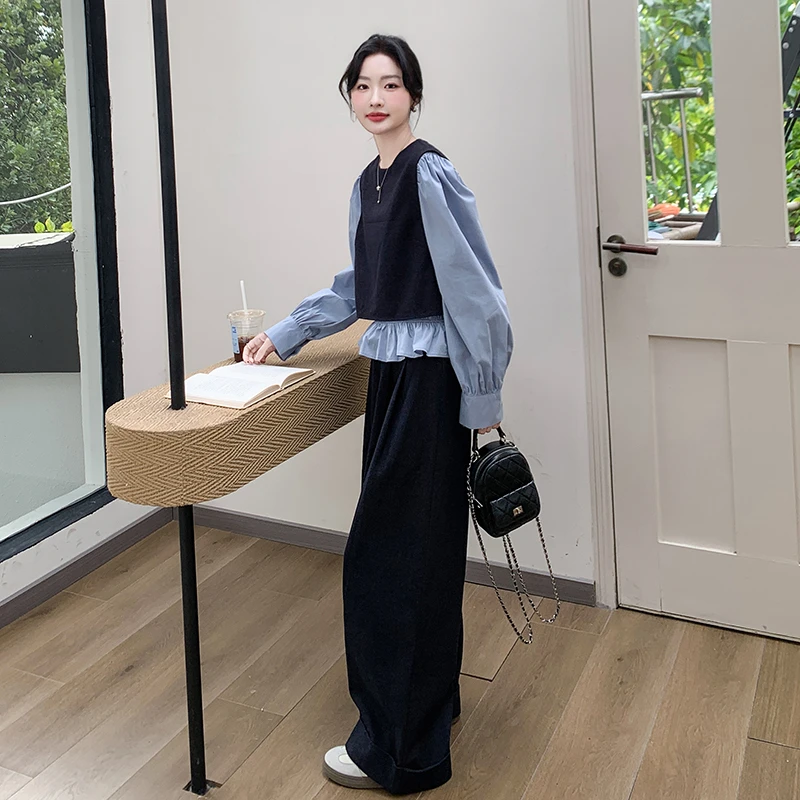 蓝色拼接上衣阔腿裤两件套女2025春今年流行超火独特漂亮高级套装