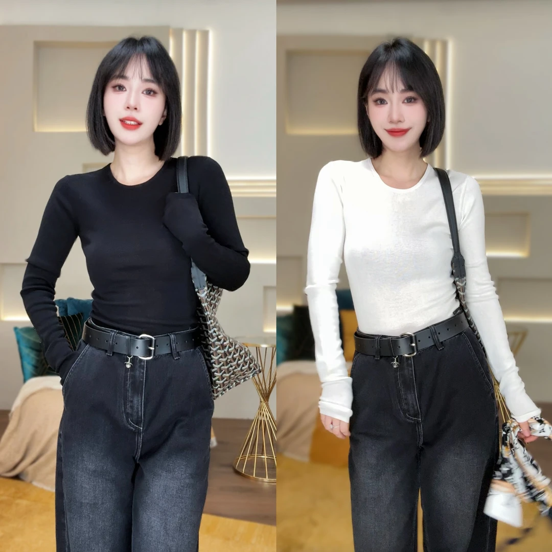 未使用 Chiara Serenelli 圆领棉质针织长袖打底