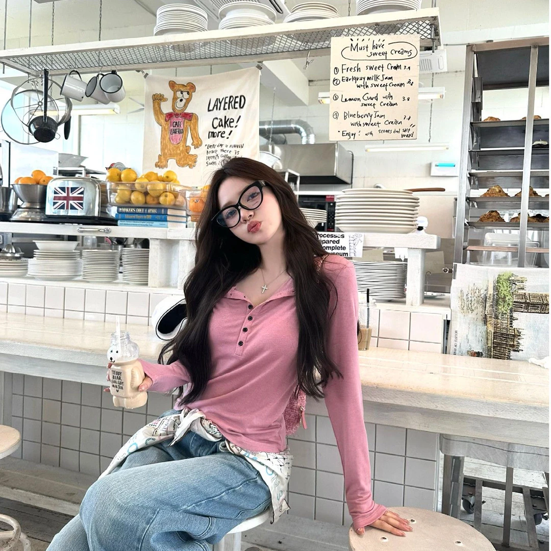 纽扣亨利领辣妹修身长袖T恤女春秋新款气质简约内搭正肩显瘦上衣