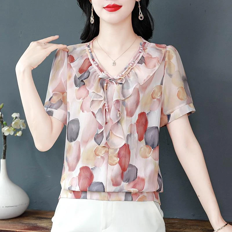 荷叶边碎花短袖雪纺衫女夏装新款漂亮减龄小衫洋气妈妈遮肚子上衣