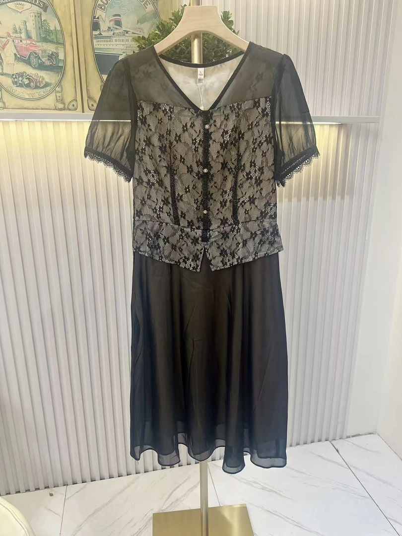 【W2238连衣裙】萱萱专属网纱花边时尚显瘦中长款连衣裙