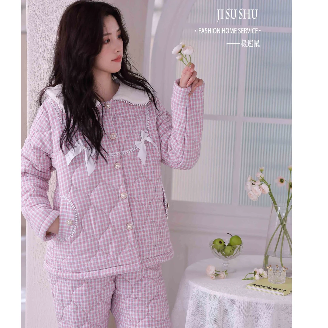 JISUSHU睡衣女秋冬款梭织夹棉加厚家居服甜美格子6234