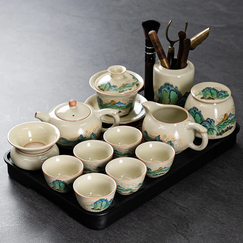 黄汝窑千里江山功夫茶具套装陶瓷茶杯茶盘可养开片办公整套礼盒装