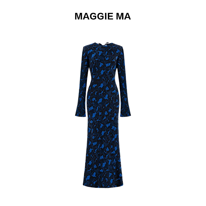 MAGGIE MA马婧设计师款优雅露美背印花修身显瘦连衣裙020D