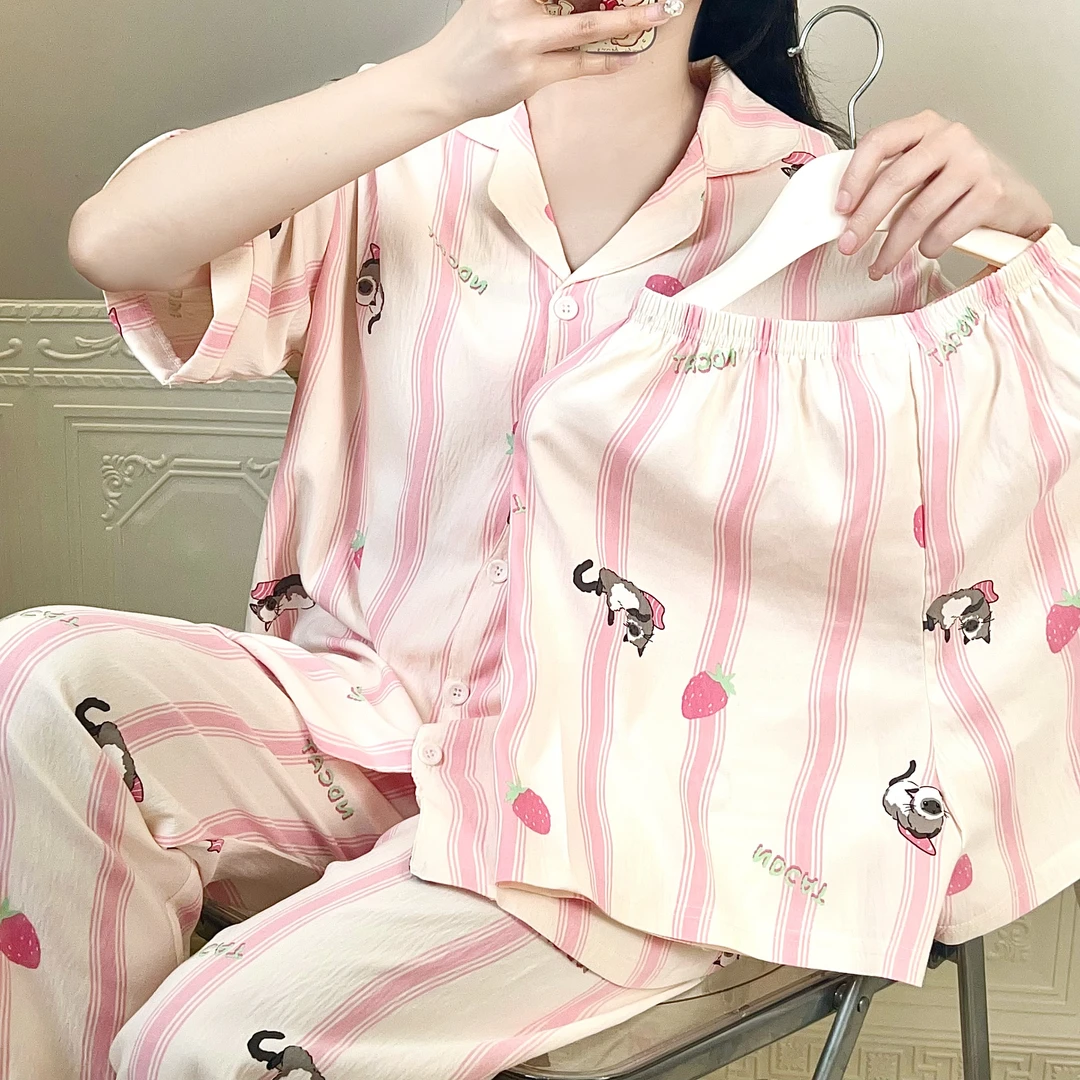 [粉莓猫咪] 甜美可爱粉色条纹睡衣带胸垫款舒适透气三件套家居服