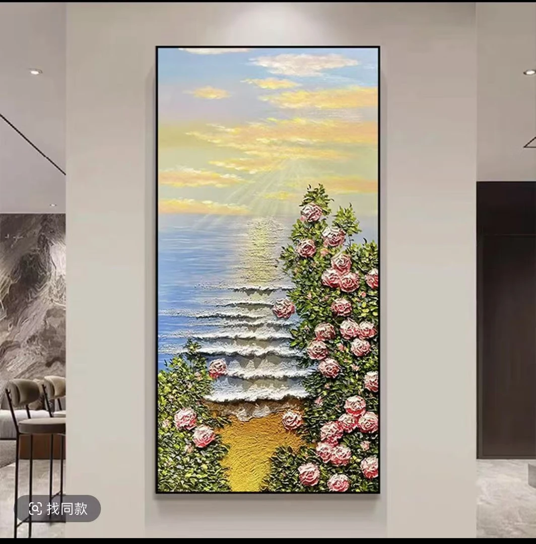 海边玫瑰玄关装饰画手绘油画装饰画现代简约风肌理80160