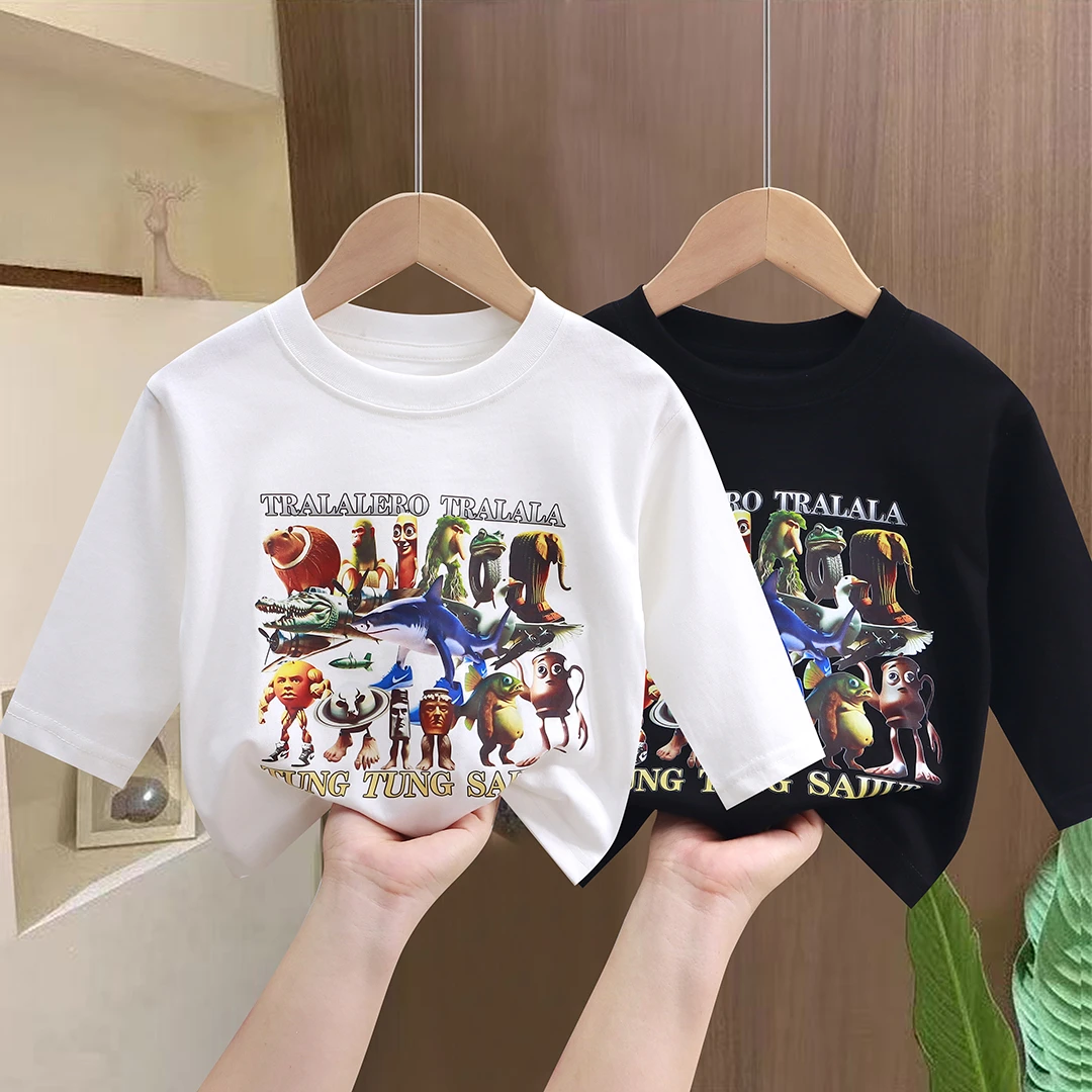 美国AI山海经木棍人鲨鱼童装潮牌周边衣服儿童纯棉长袖打底衫上衣