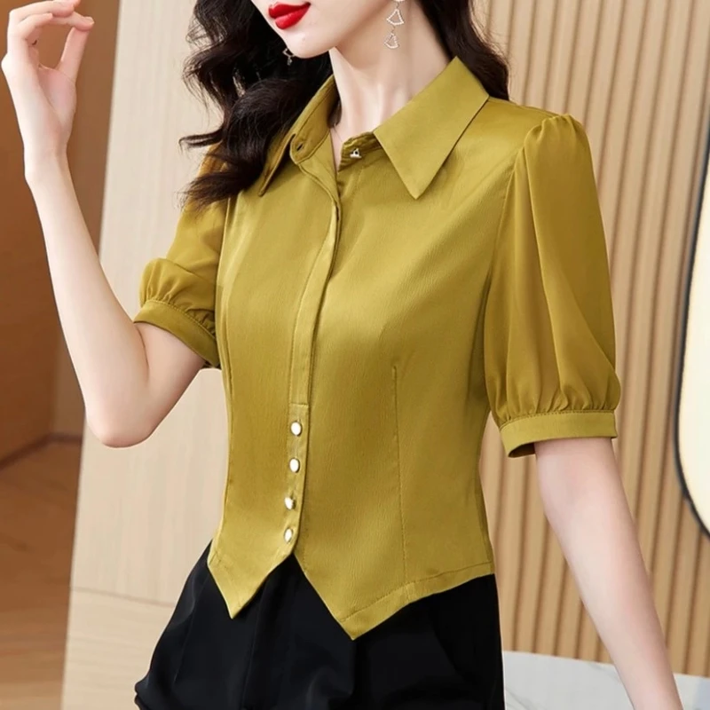 小众夏季时尚洋气修身显瘦百搭收腰纯色v领衬衣白色衬衫女士上衣