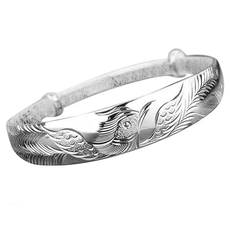 足银手镯 B43足银手镯凤凰古典推拉亮面可调节中老年款实心经典