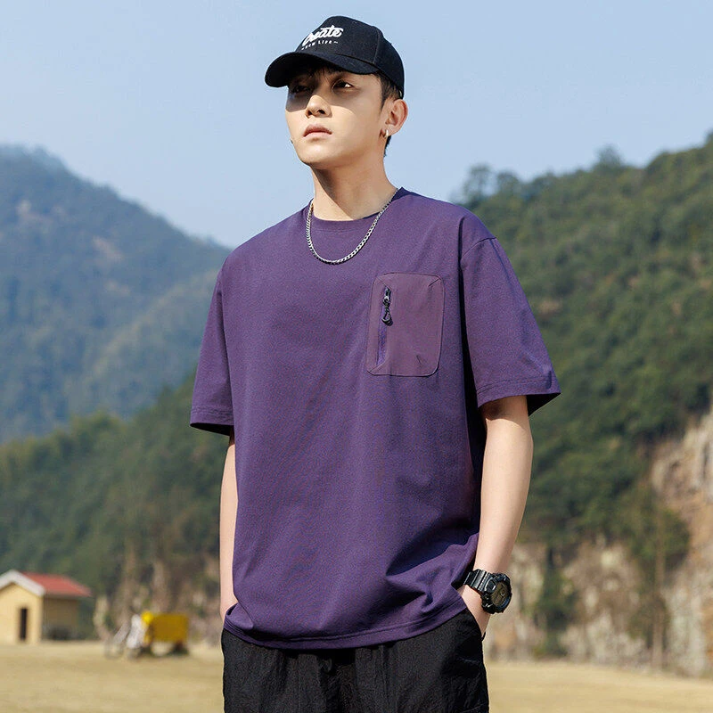 雅鹿男装2025新款小口袋纯色圆领百搭短袖青少年纯色宽松短袖