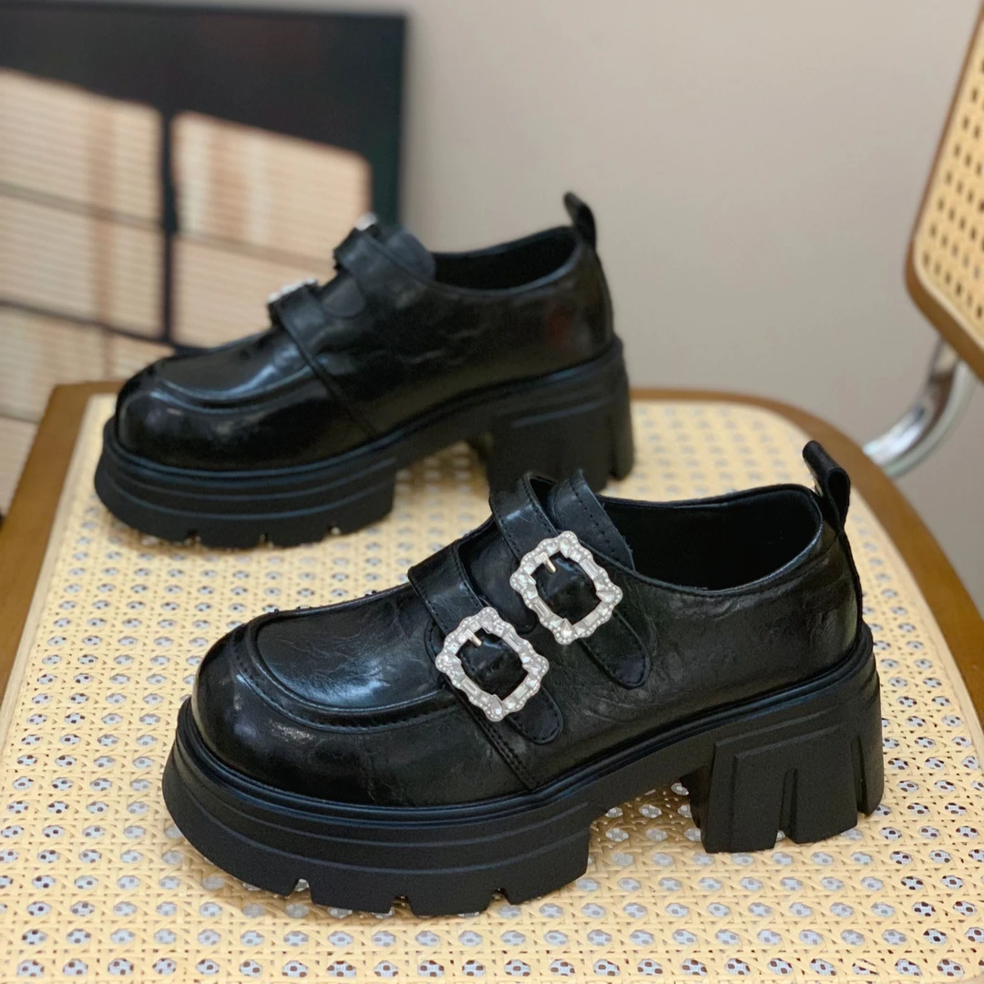 6CM松糕厚底魔术贴乐福鞋女2025春季新款通勤百搭英伦风复古单鞋