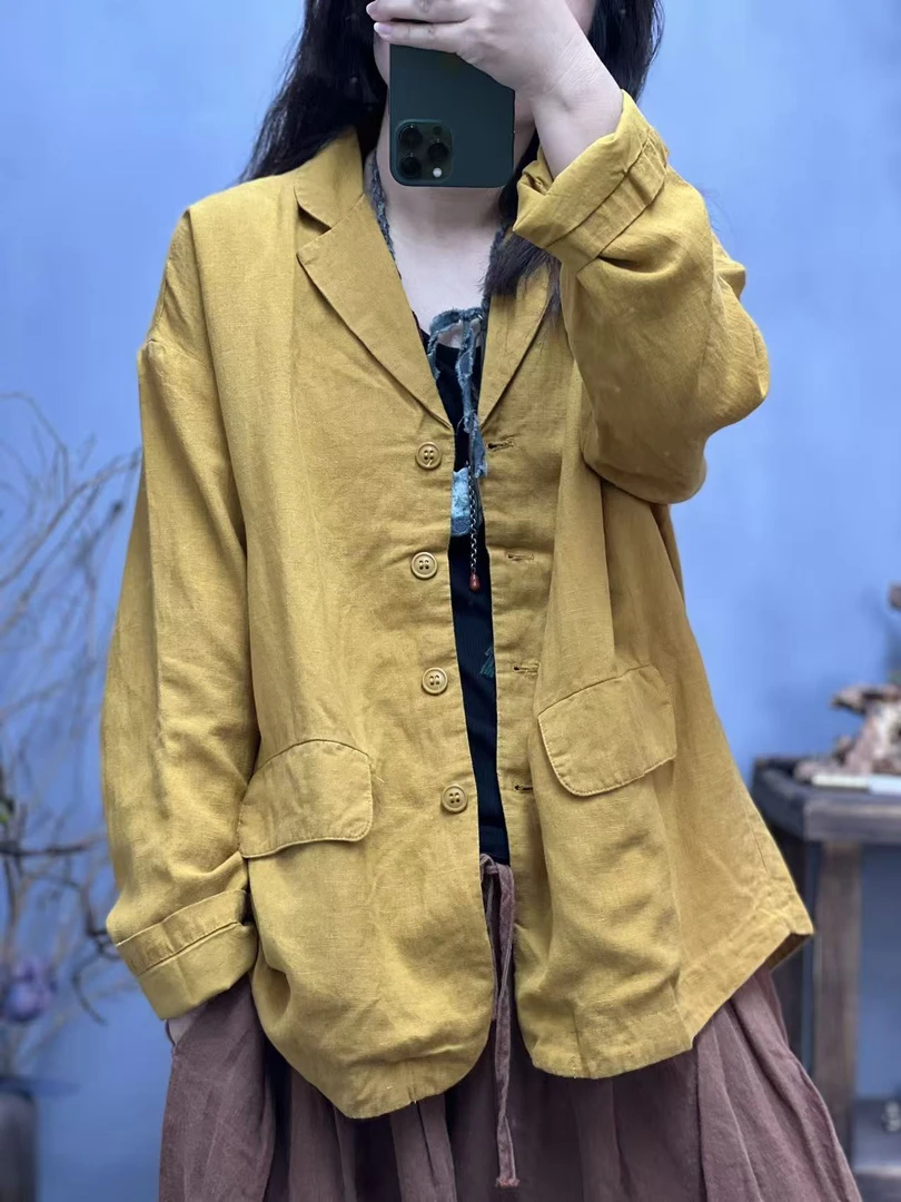 008 9587 秋季新品双层休闲百搭亚麻简约上衣女西装 胸围128长68