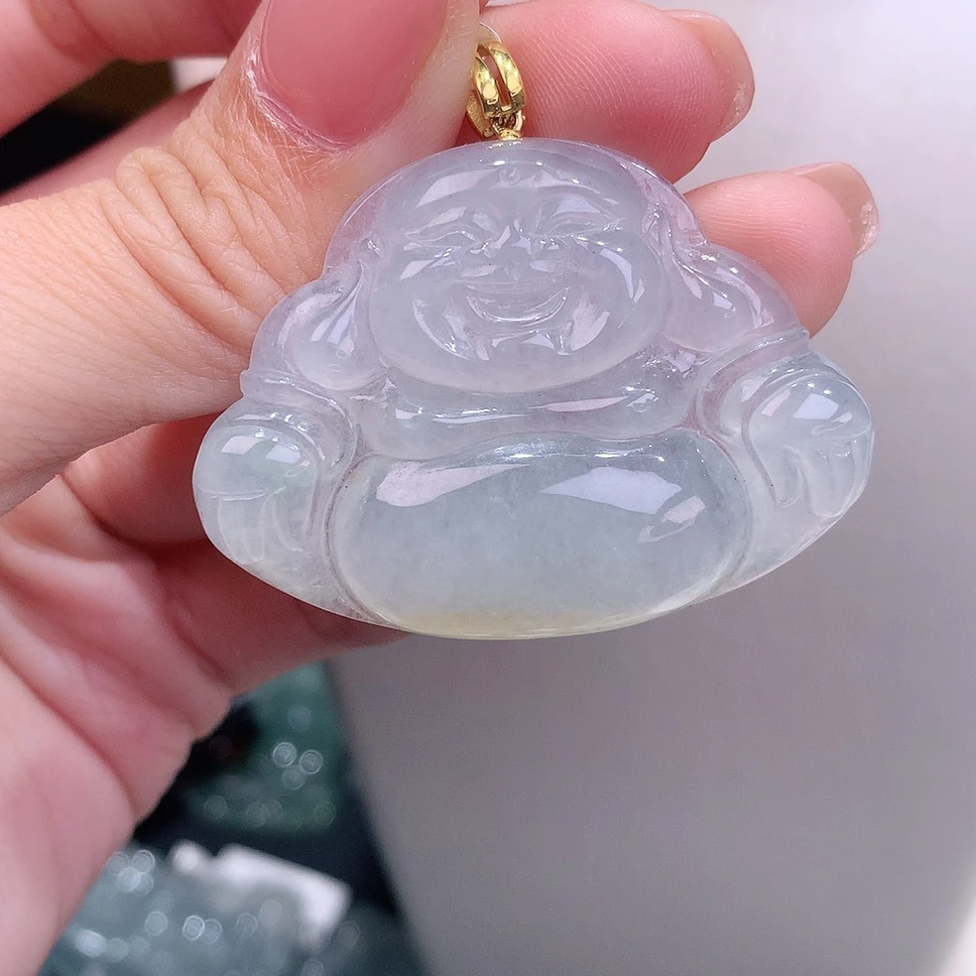 颈饰18K金镶嵌翡翠冰飘黄肚里藏金佛公