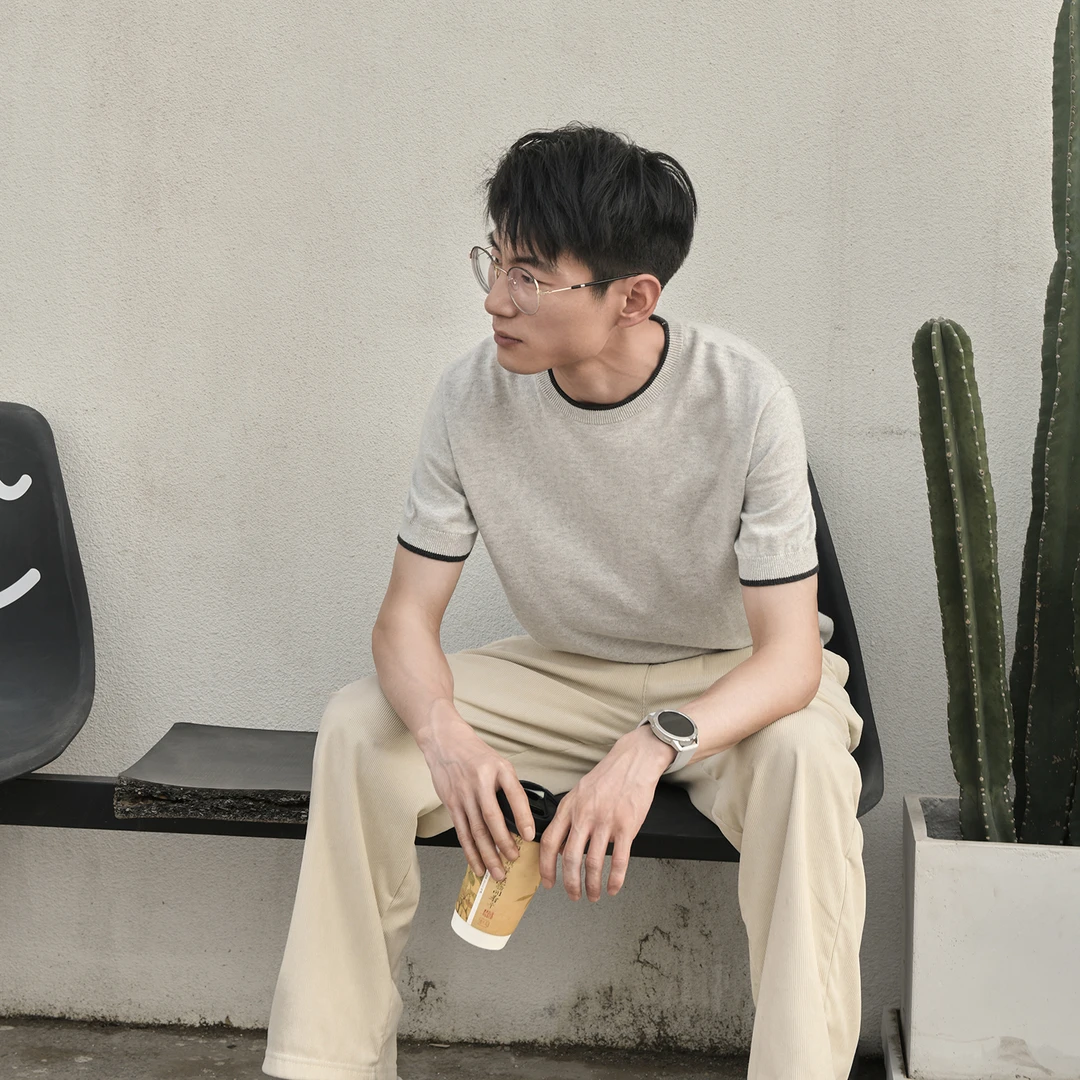 夏季圆领百搭短袖针织T恤男士复古基础休闲潮流舒适高级感男装