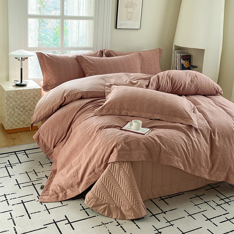 【床盖款】轻奢全棉提花四件套简约纯色四季通用春夏床上用品加厚