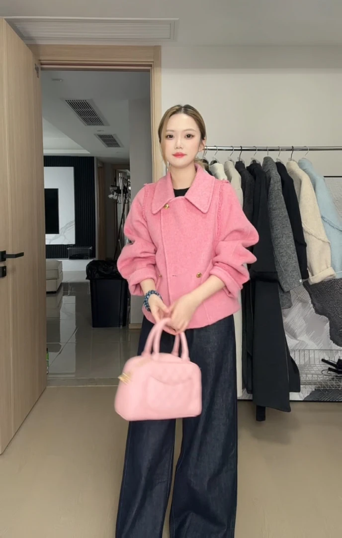 【冯晨晨】腰围短款甜美风大码毛呢外套长袖F826