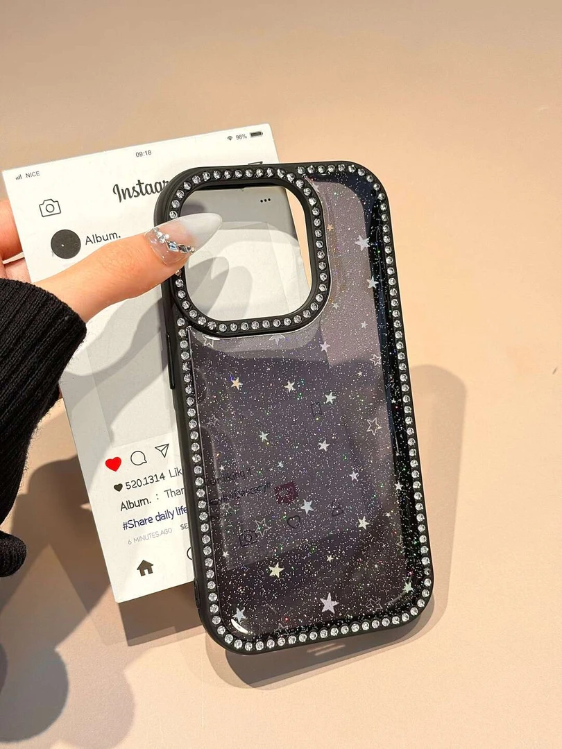 黑框闪钻透黑闪粉星星适用iphone16promax苹果15手机壳14新款13套