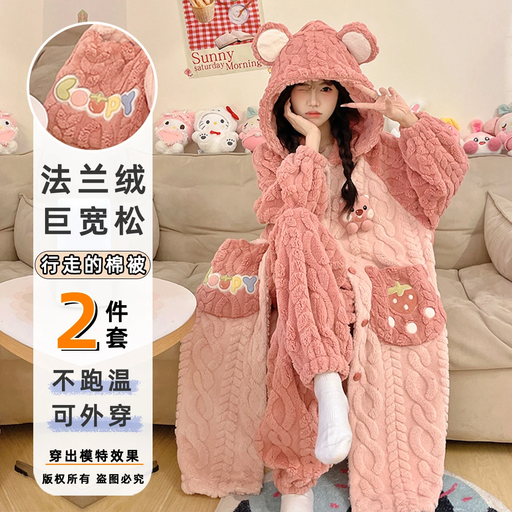 2025珊瑚绒睡袍女冬季加绒加厚新款可爱法兰绒套装家居服工厂加厚