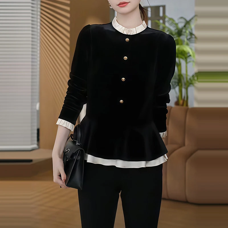 2025秋季超火独特超好看绝美上衣高级感轻奢减龄洋气黑色丝绒衬衫