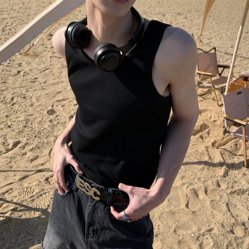 美式复古时髦纹理百搭纯色背心男夏季宽松无袖t恤休闲背心