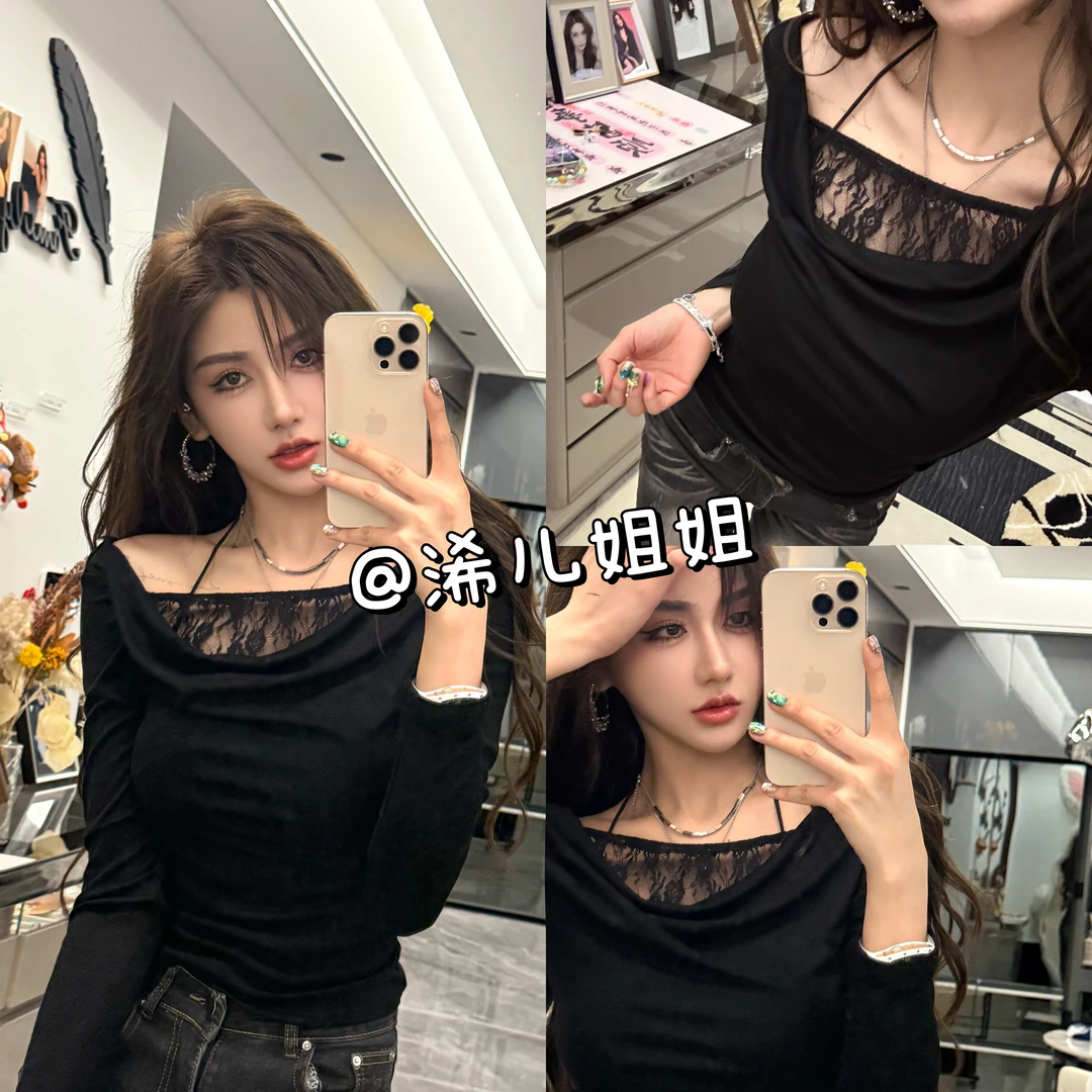 纯欲风蕾丝拼接露肩T恤