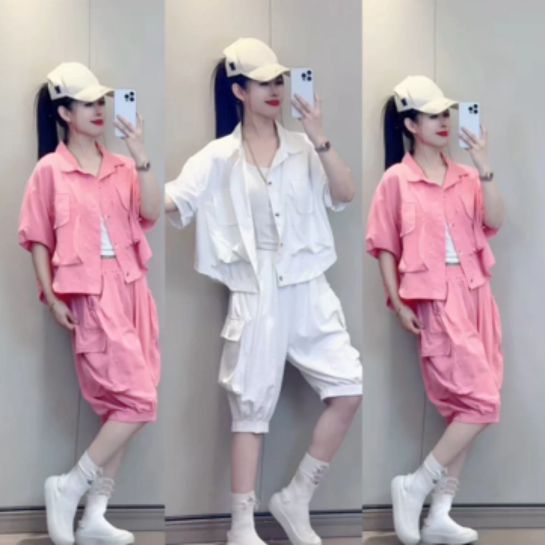 夏日个性工装短裤半袖套装，