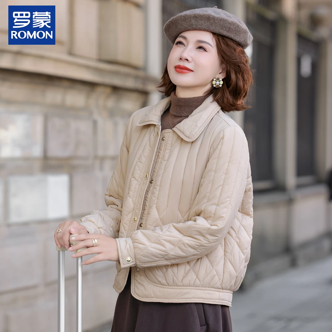 罗蒙冬款保暖妈妈装中年纽扣翻领新款纯色棉衣中老年女装冬季棉服
