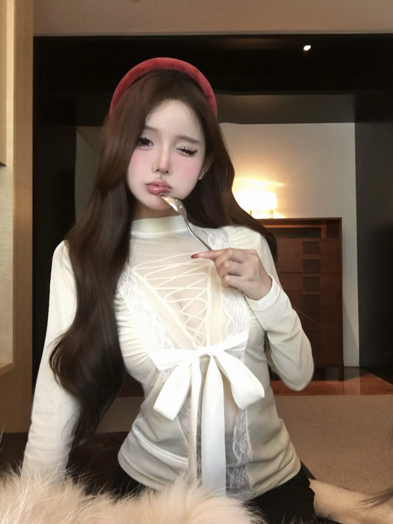 白月皎洁 纯欲风辣妹性感深v领网纱微透绑带蝴蝶结针织上衣打底衫