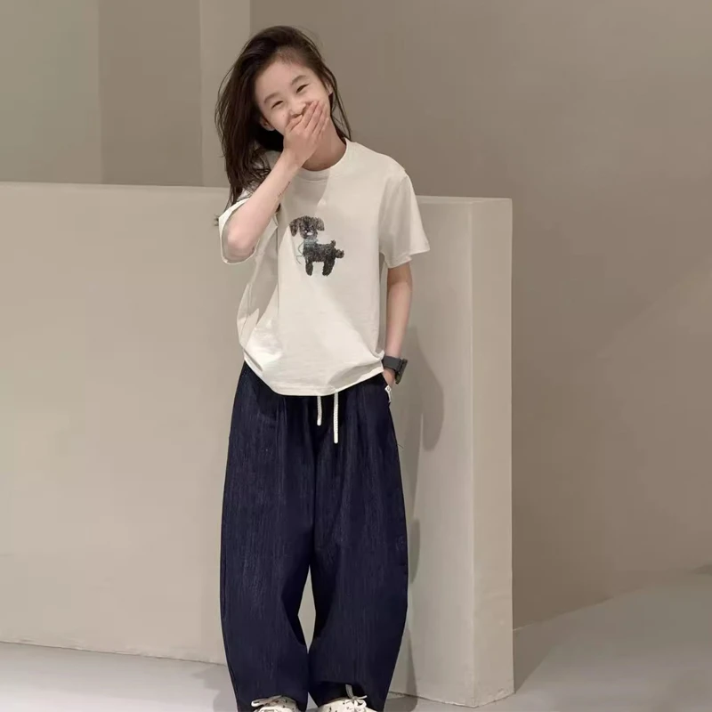 女童短袖t恤夏装套装薄款2025新款洋气时髦中大童高级感阔腿裤