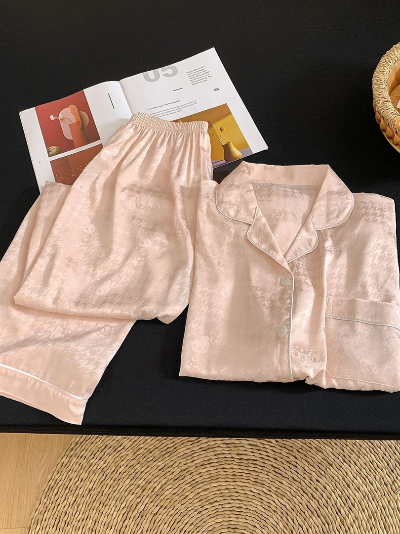 春秋超柔软凉感冰丝女翻领甜美Kitty开衫可遛弯可外穿家居服套装