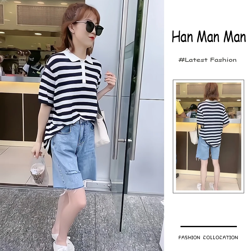 夏季流行穿搭一整套新款2025韩版百搭显瘦条纹上衣牛仔短裤两件套