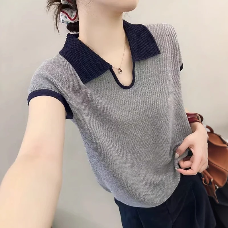 夏季新款撞色翻领短袖针织衫女款洋气减龄显瘦百搭短袖冰丝上衣潮