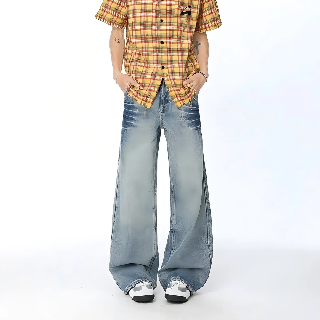 小众裂纹设计水洗浅蓝色牛仔裤男款美式潮流休闲百搭宽松直筒长裤