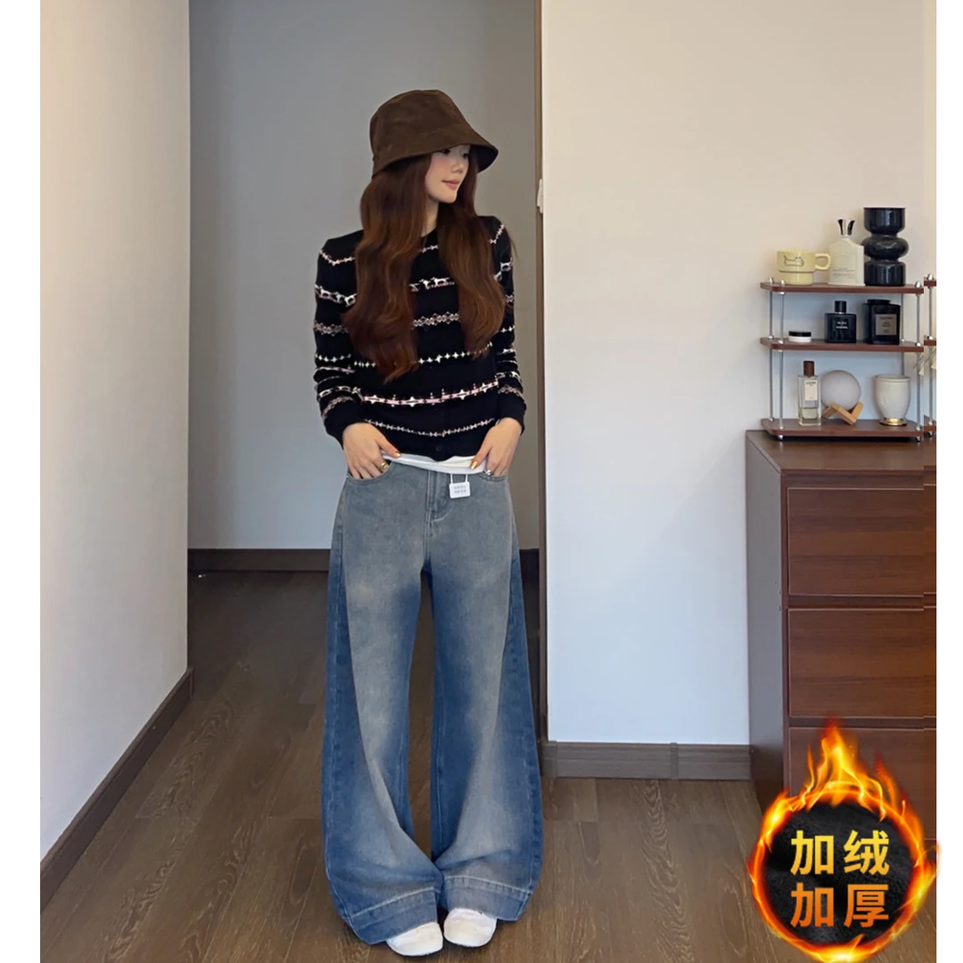 加绒加厚复古水洗做旧阔腿牛仔裤女款爆款2025新款显瘦宽松直筒裤