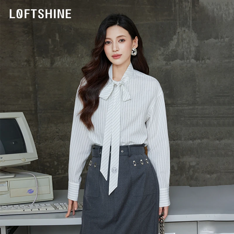 【黄蓉推荐】LOFTSHINE珞炫条纹法式衬衫减龄衬衣24310124