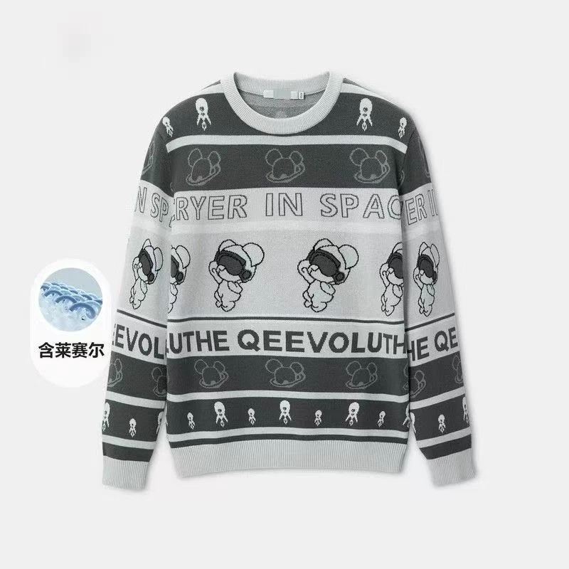 H-2024新款圆领毛衣全身提花套头针织衫男士长袖休闲印花保暖秋冬