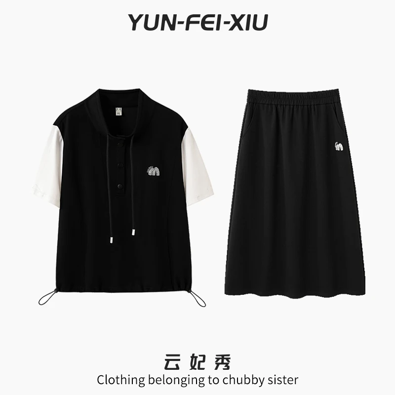 云妃秀大码女装套装简约时尚拼接上衣半身裙二件套显瘦夏25338AB