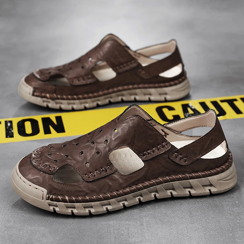 凉鞋男款休闲真皮夏季耐磨沙滩鞋洞洞溯溪鞋子男士包头半拖凉拖鞋