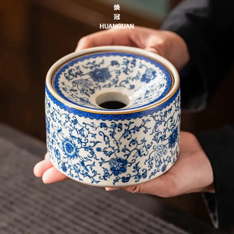 国风汝窑茶渣缸烟灰缸防飞灰繁花茶洗陶瓷水孟杯洗家用茶具零茶具