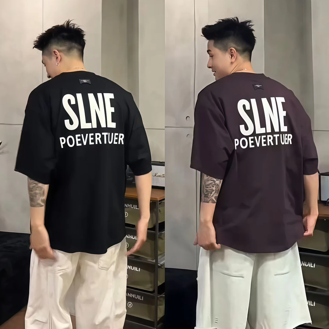 25夏季新款时尚休闲极简风字母印花蝙蝠短袖男士百搭宽松潮流T恤