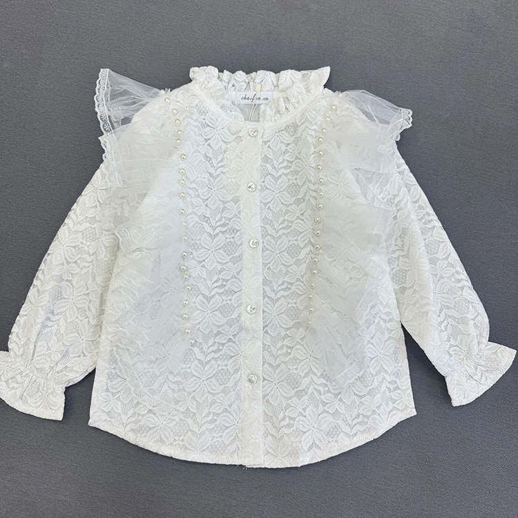 女童气质甜美蕾丝拼接镂空时尚翻领衬衣 中大儿童娃娃衫上衣春