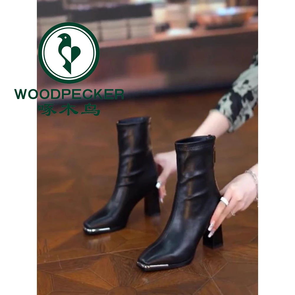啄木鸟高跟短靴女2025秋冬新款粗跟方头皮靴后拉链加绒瘦瘦靴单靴