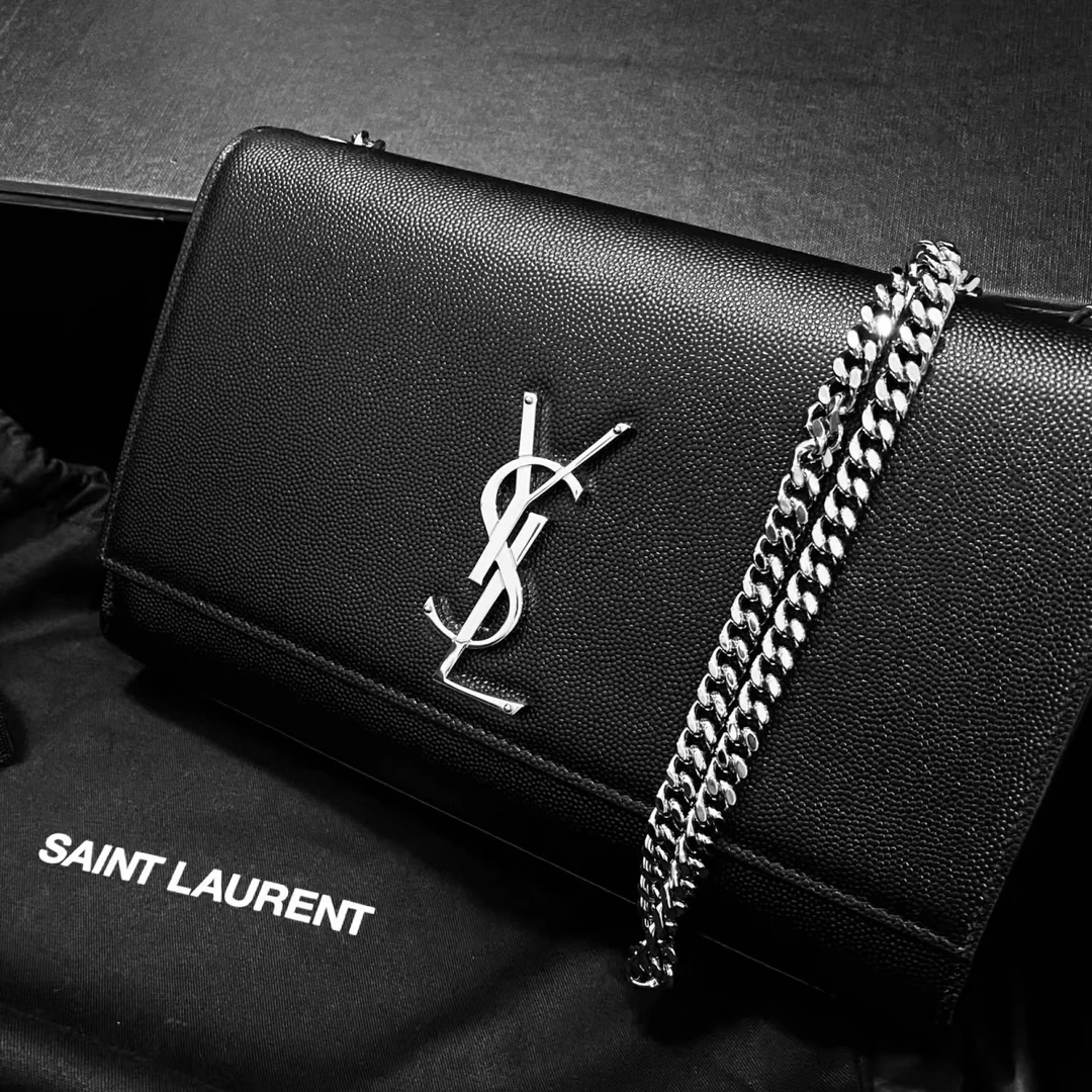95新 YSL/圣罗兰 青奢荟/黑银kate链条中号//81703