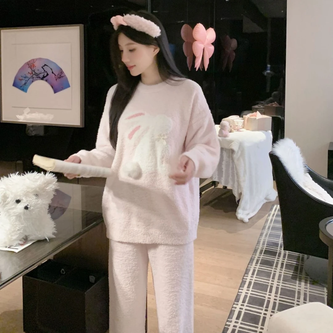 新款冬季半边绒睡衣日系可爱小兔子休闲家居服套装软糯糯保温保暖