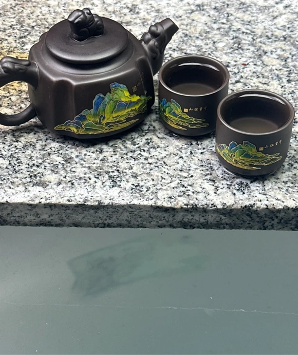 原矿紫砂四方千里江山凤鸣壶-一壶两杯