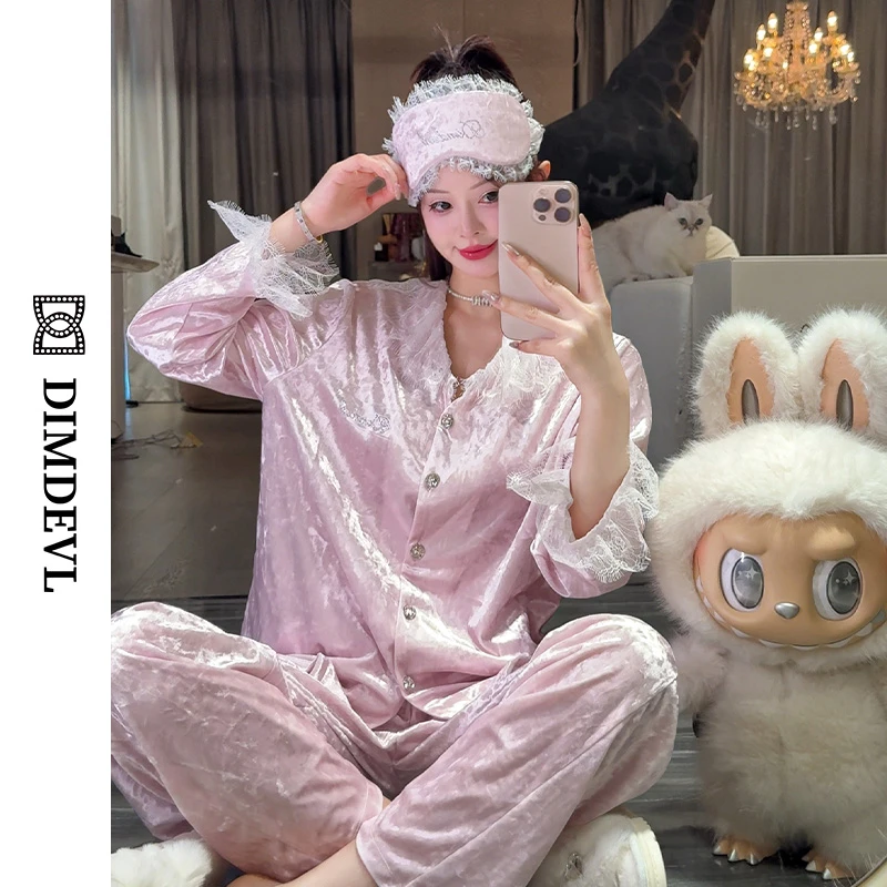 DIMDEVL/汀黛蕾丝领金钻丝绒减龄秋冬可外穿家居服睡衣