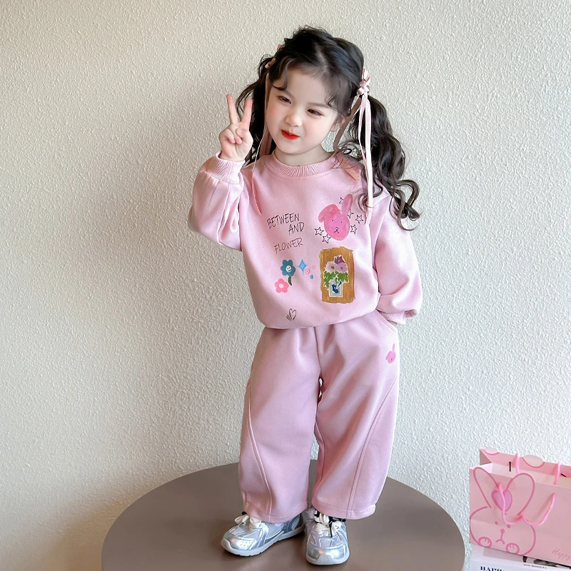 女童卡通卫衣套装洋气儿童春秋装新款女宝宝休闲两件套小女孩时髦