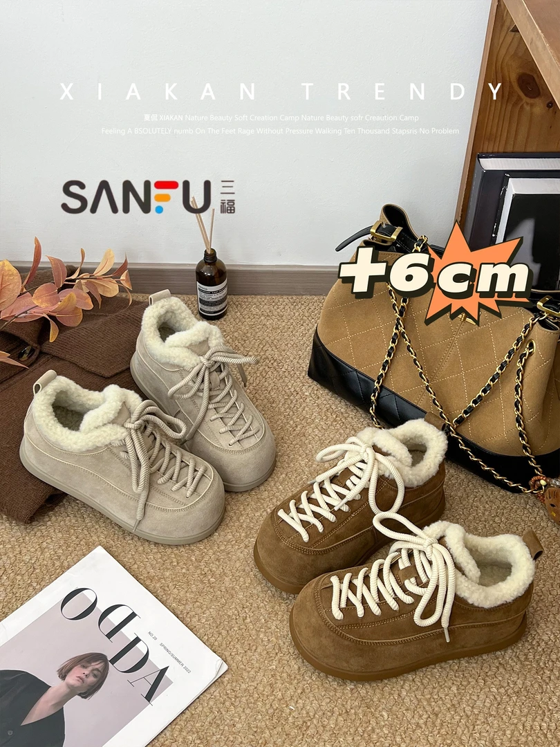 啄木鸟内增高6cm2025冬季新款勃肯鞋女保暖加厚毛绒雪地棉鞋